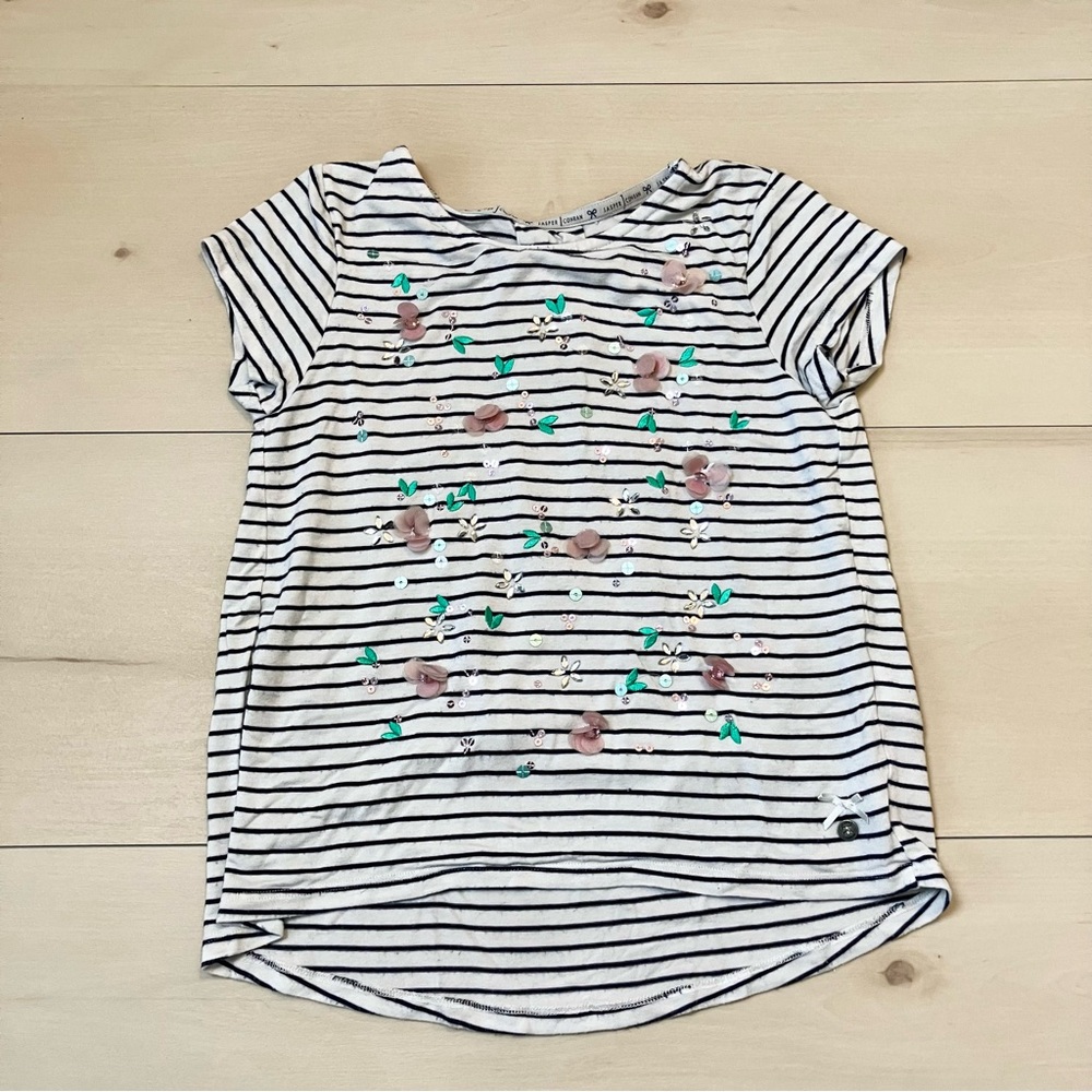 🌸 Kids jasper conran white black striped tee with flowers and gems 6-7 years